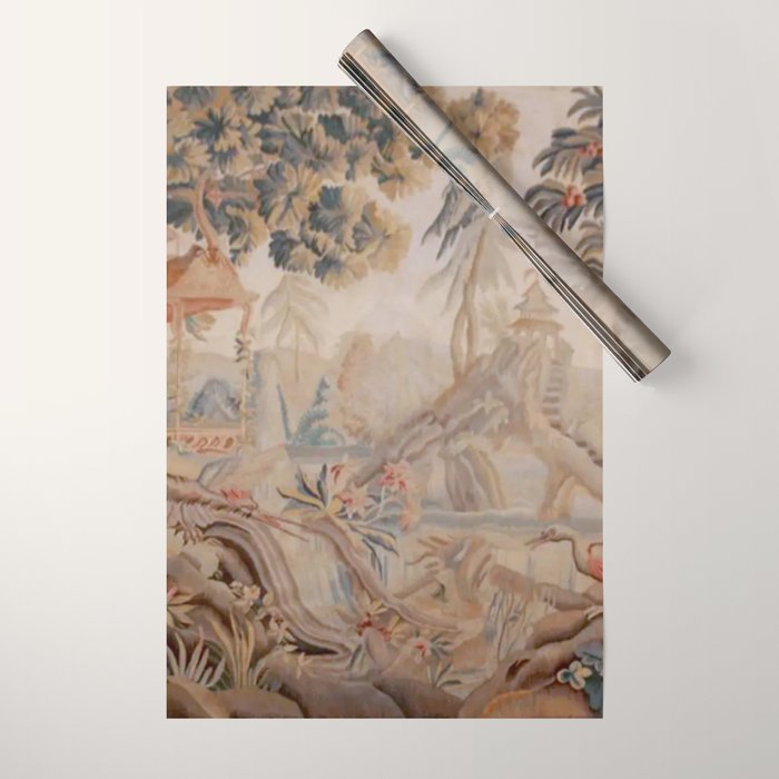 Antique 19th Century French Chinoiserie Verdure Pagoda Tapestry Wrapping Paper Gallery Image 1