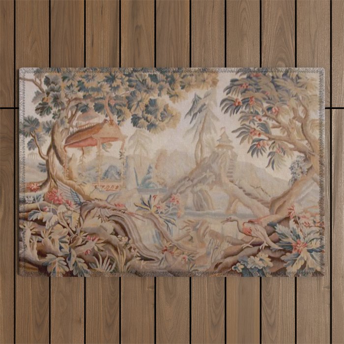 Antique 19th Century French Chinoiserie Verdure Pagoda Tapestry Outdoor Rug Gallery Image 1