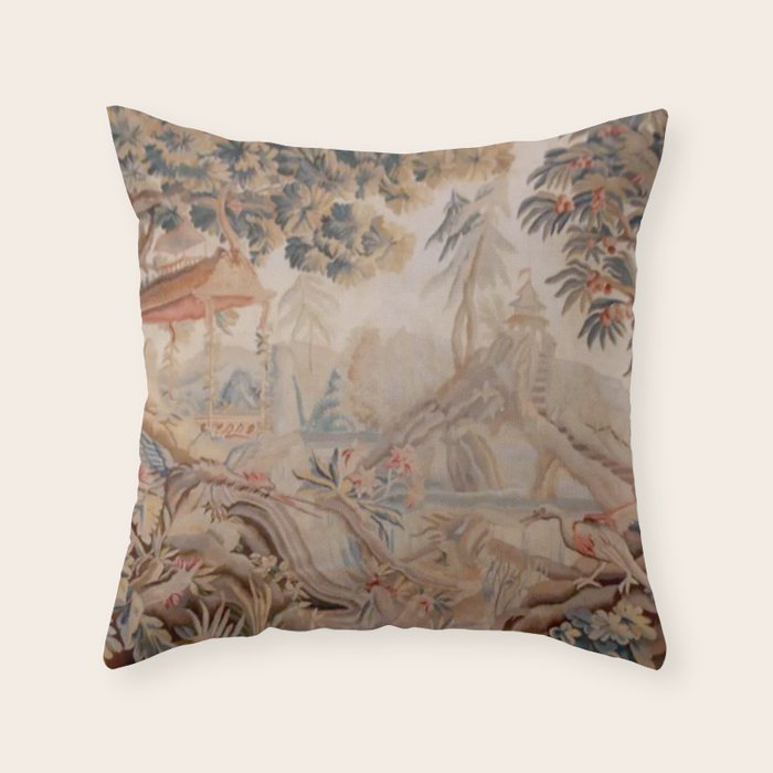 Antique 19th Century French Chinoiserie Verdure Pagoda Tapestry Throw Pillow Gallery Image 6
