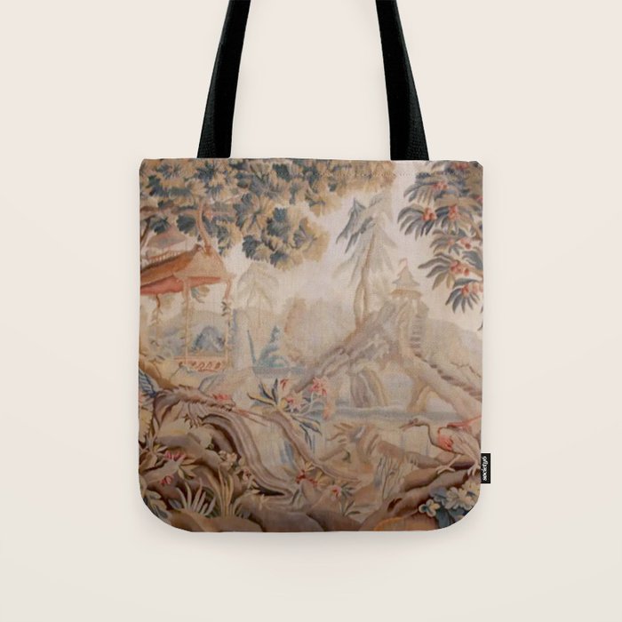 Antique 19th Century French Chinoiserie Verdure Pagoda Tapestry Tote Bag Gallery Image 1