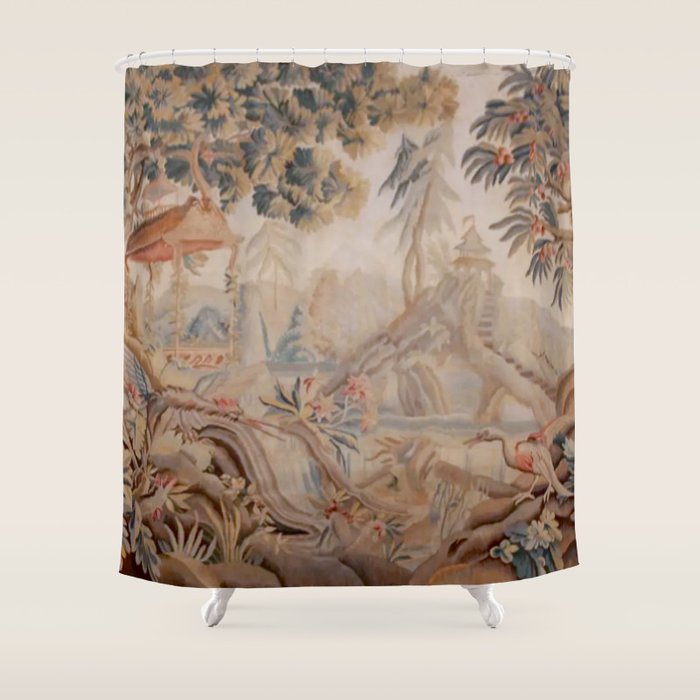 Antique 19th Century French Chinoiserie Verdure Pagoda Tapestry Shower Curtain Gallery Image 1
