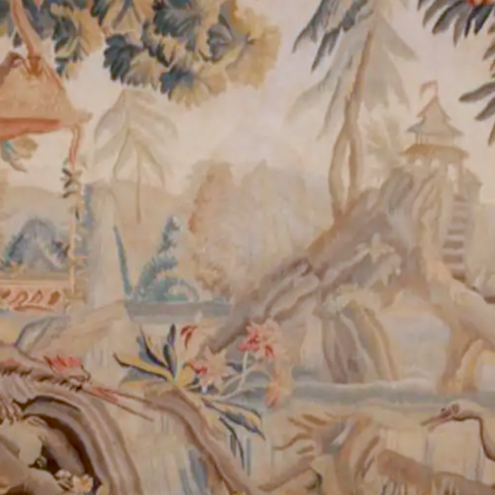 Antique 19th Century French Chinoiserie Verdure Pagoda Tapestry Coffee Mug Gallery Image 2