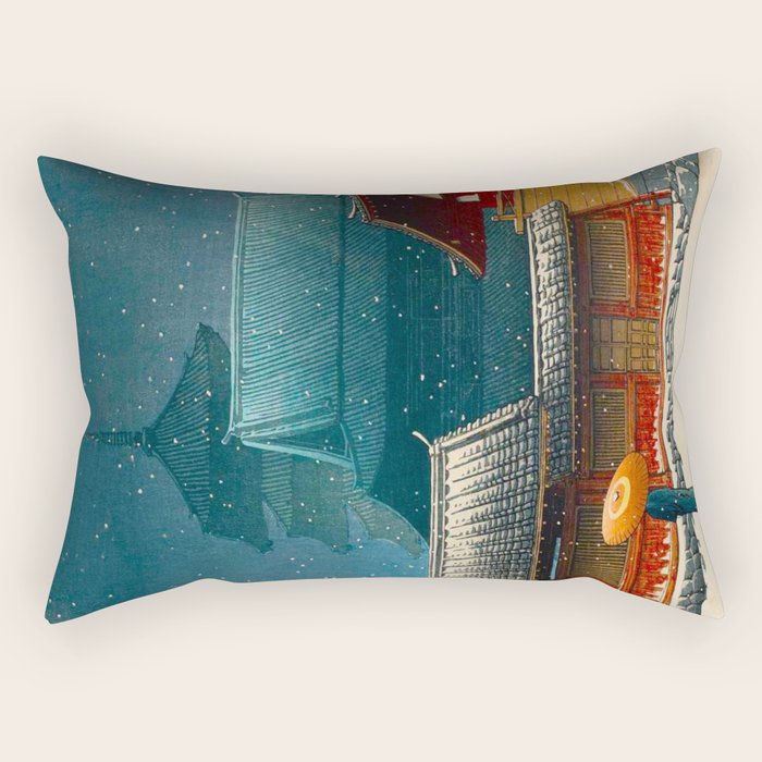 Vintage Japanese Woodblock Print Japanese Red Shinto Shrine Pagoda Winter Snow Rectangular Pillow Gallery Image 1