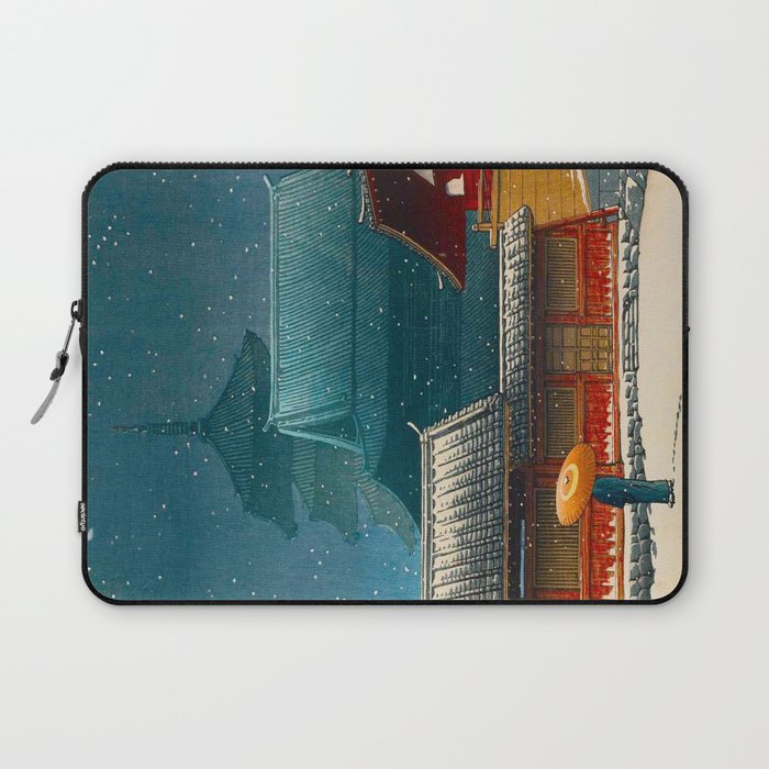 Vintage Japanese Woodblock Print Japanese Red Shinto Shrine Pagoda Winter Snow Laptop Sleeve Gallery Image 1