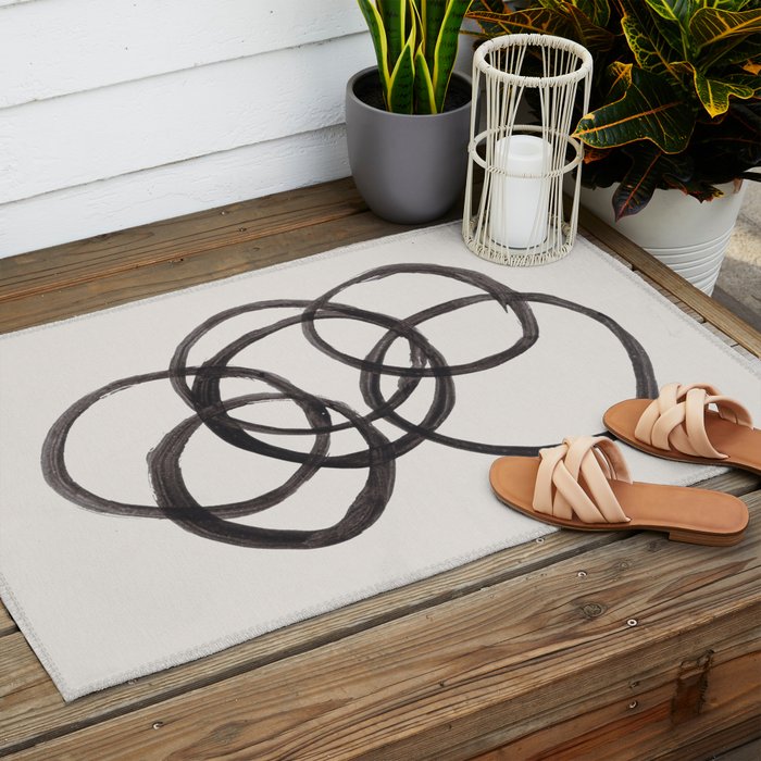 Bubble Rings Minimalist Modern Mid Century Black Ink Spirals Funky Nesting Rings Outdoor Rug Gallery Image 2