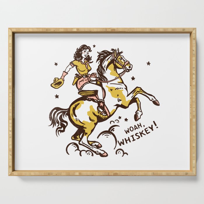 "Woah Whiskey" Western Pin Up Cowgirl & Her Horse Serving Tray Gallery Image 1