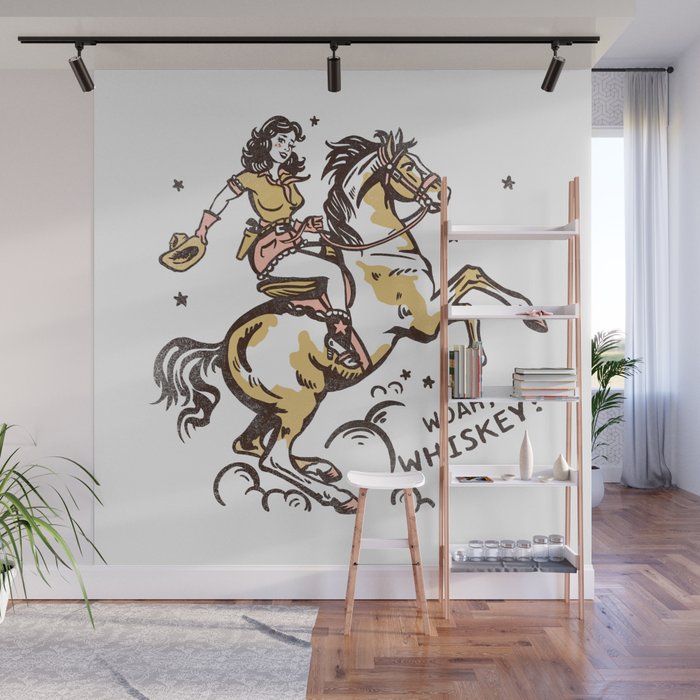 "Woah Whiskey" Western Pin Up Cowgirl & Her Horse Wall Mural Gallery Image 1