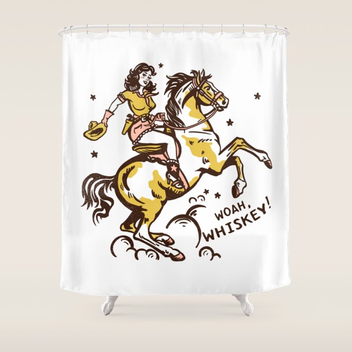 "Woah Whiskey" Western Pin Up Cowgirl & Her Horse Shower Curtain Gallery Image 1