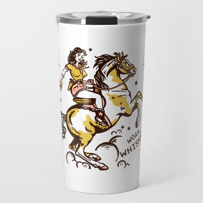 "Woah Whiskey" Western Pin Up Cowgirl & Her Horse Travel Mug Gallery Image 1