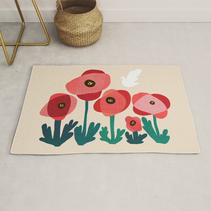 Poppy flowers and bird Rug Gallery Image 1