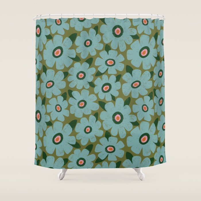 Modern Floral - Turquoise, Green and Pink Shower Curtain Gallery Image 1