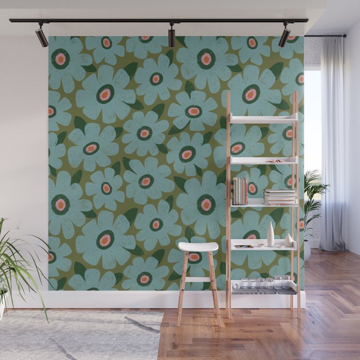 Modern Floral - Turquoise, Green and Pink Wall Mural Gallery Image 1