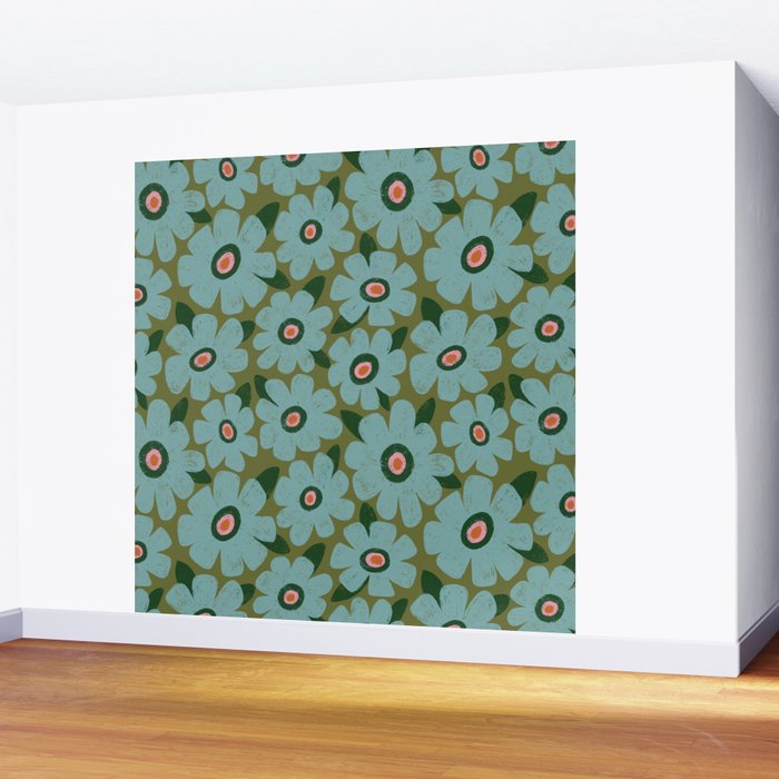 Modern Floral - Turquoise, Green and Pink Wall Mural Gallery Image 2