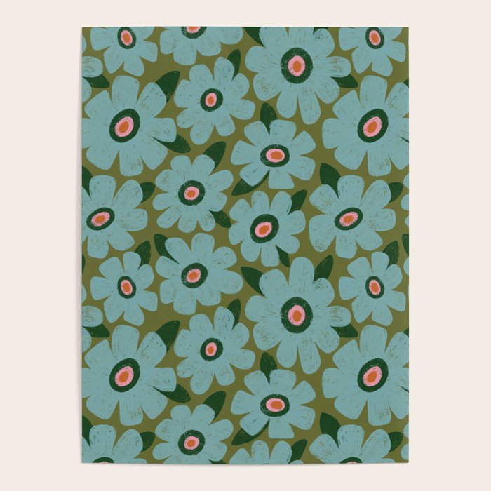 Modern Floral - Turquoise, Green and Pink Poster Gallery Image 1