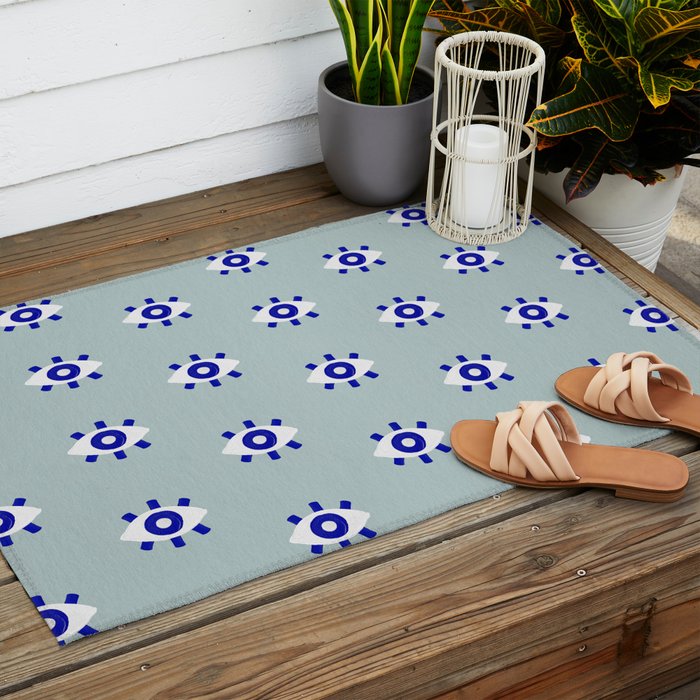 Evil Eye Dots - Mint & Navy Outdoor Rug Gallery Image 2