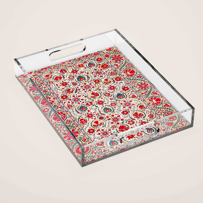Bokhara  Antique Uzbek Suzani Embroidery Print Acrylic Tray Gallery Image 1