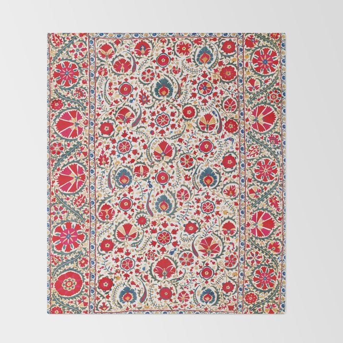 Bokhara  Antique Uzbek Suzani Embroidery Print Throw Blanket Gallery Image 2