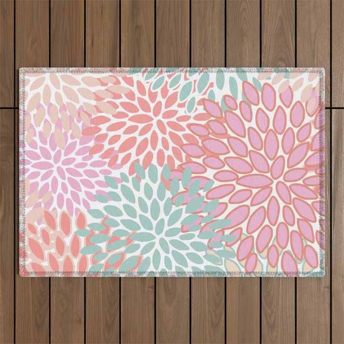 Festive, Floral Prints, Pink, Teal and Coral Outdoor Rug Gallery Image 1