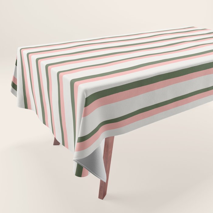 Hand Drawn Vertical Stripes Muted Green & Pink Tablecloth Gallery Image 1