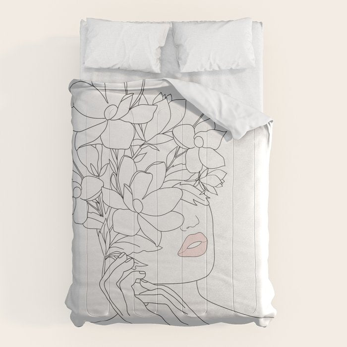 Minimal Line Art Woman with Magnolia Comforter Gallery Image 1