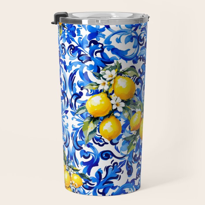 Blue Italian majolica baroque lemon art Travel Mug Gallery Image 3