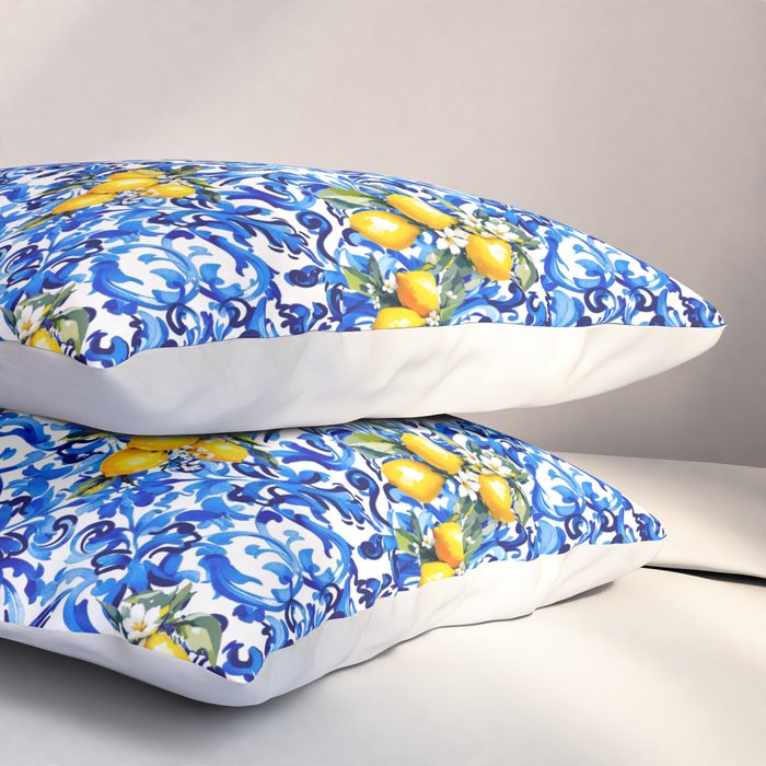 Blue Italian majolica baroque lemon art Pillow Sham Gallery Image 3