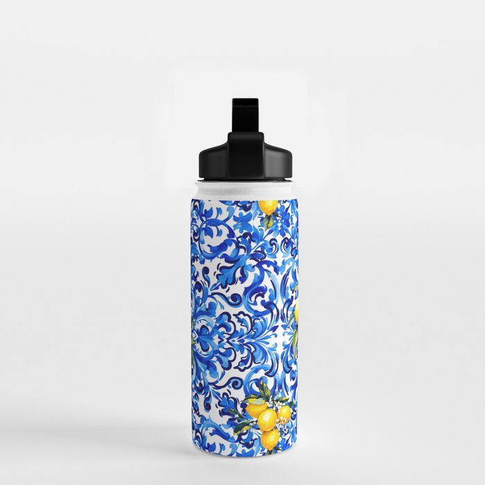 Blue Italian majolica baroque lemon art Water Bottle Gallery Image 2