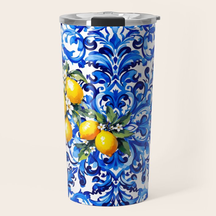 Blue Italian majolica baroque lemon art Travel Mug Gallery Image 1