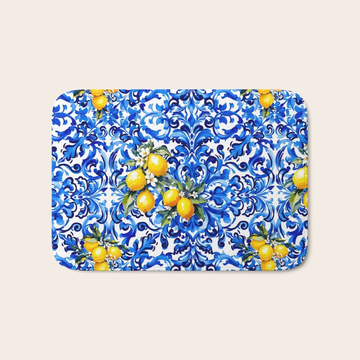 Blue Italian majolica baroque lemon art Bath Mat Gallery Image 1