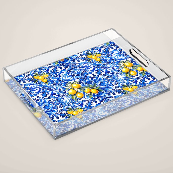 Blue Italian majolica baroque lemon art Acrylic Tray Gallery Image 1
