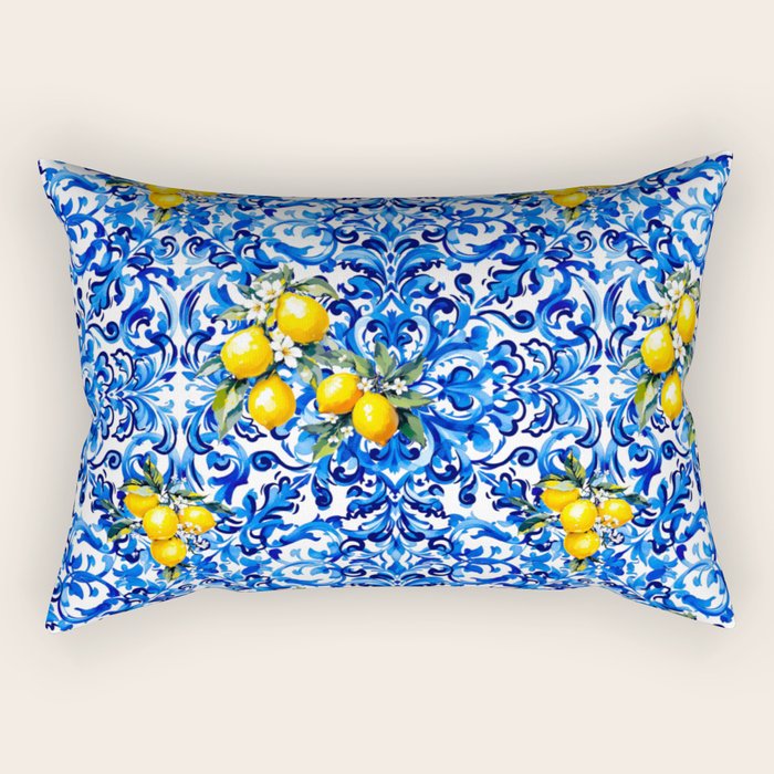 Blue Italian majolica baroque lemon art Rectangular Pillow Gallery Image 2