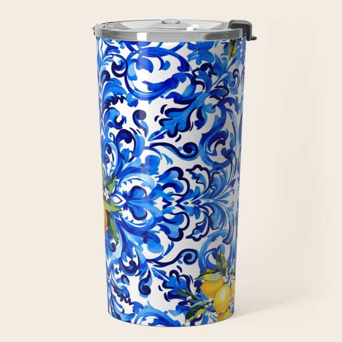 Blue Italian majolica baroque lemon art Travel Mug Gallery Image 2