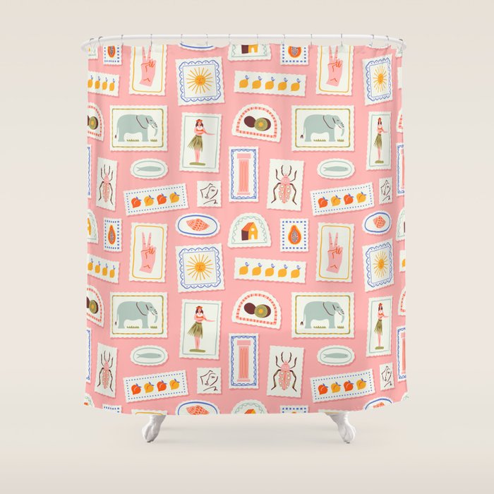 Vintage summer travel postage stamp pattern Shower Curtain Gallery Image 1