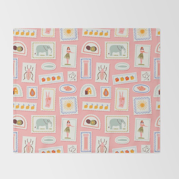 Vintage summer travel postage stamp pattern Throw Blanket Gallery Image 2