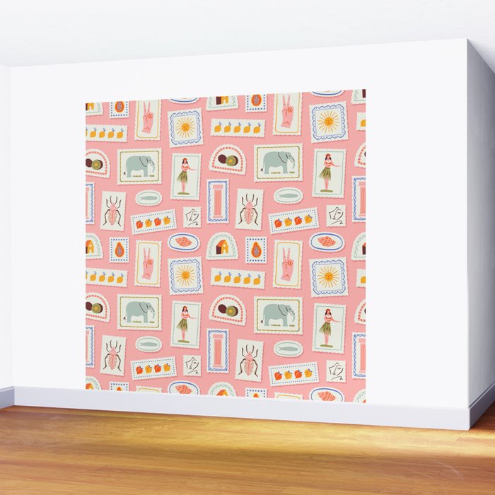 Vintage summer travel postage stamp pattern Wall Mural Gallery Image 2