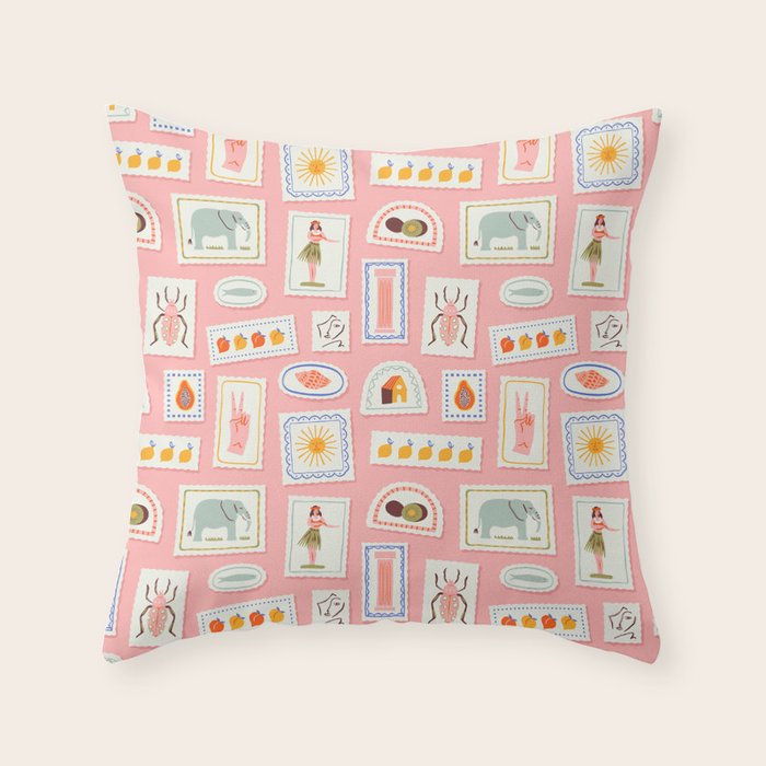 Vintage summer travel postage stamp pattern Throw Pillow Gallery Image 6