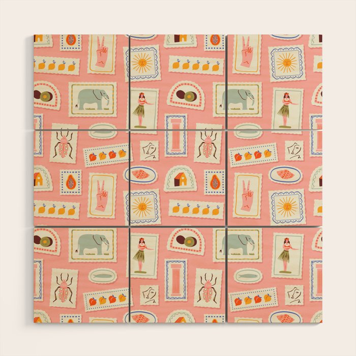 Vintage summer travel postage stamp pattern Wood Wall Art Gallery Image 1