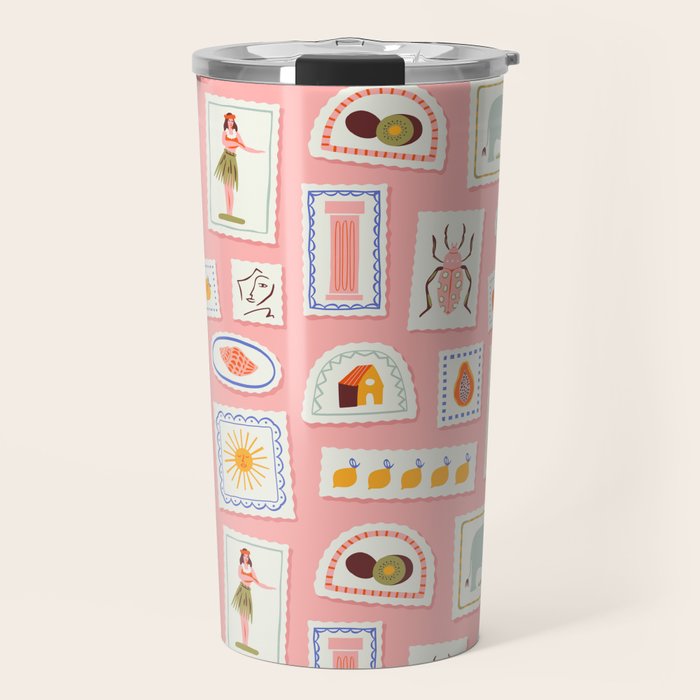 Vintage summer travel postage stamp pattern Travel Mug Gallery Image 1