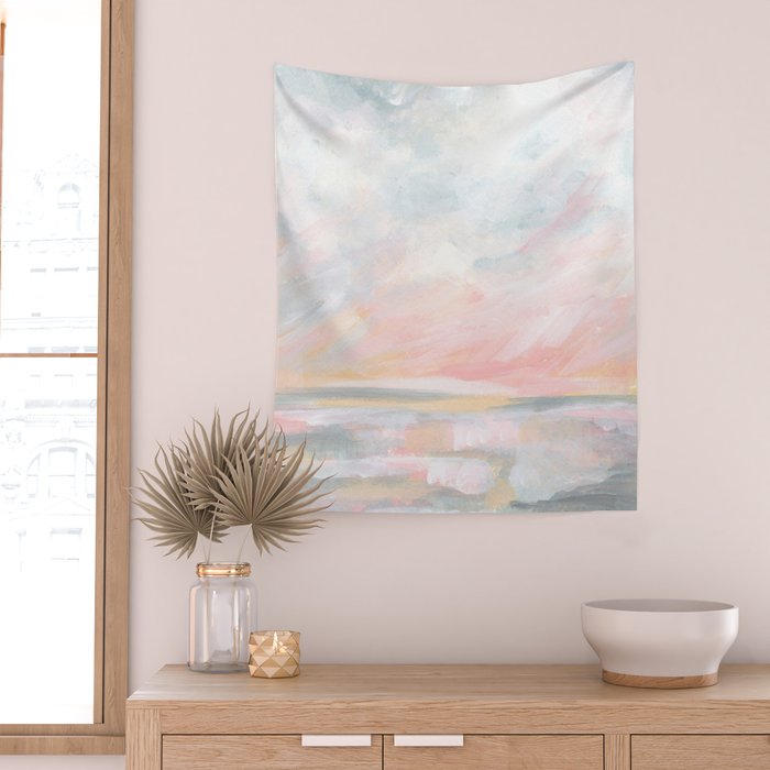 Overwhelm - Pink and Gray Pastel Seascape Wall Tapestry Gallery Image 2