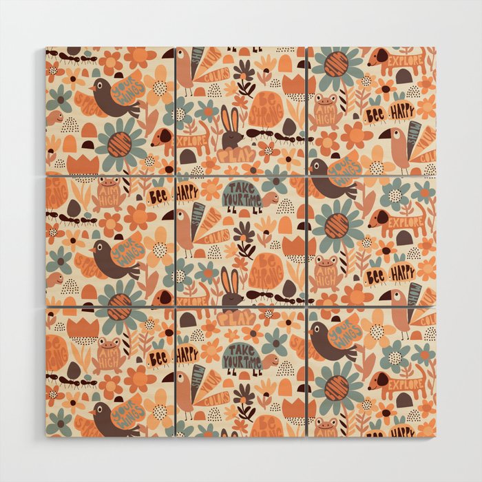 Playful Meadow Cute Animals with Motivational Affirmations - Groovy Flower Child Wood Wall Art Gallery Image 1