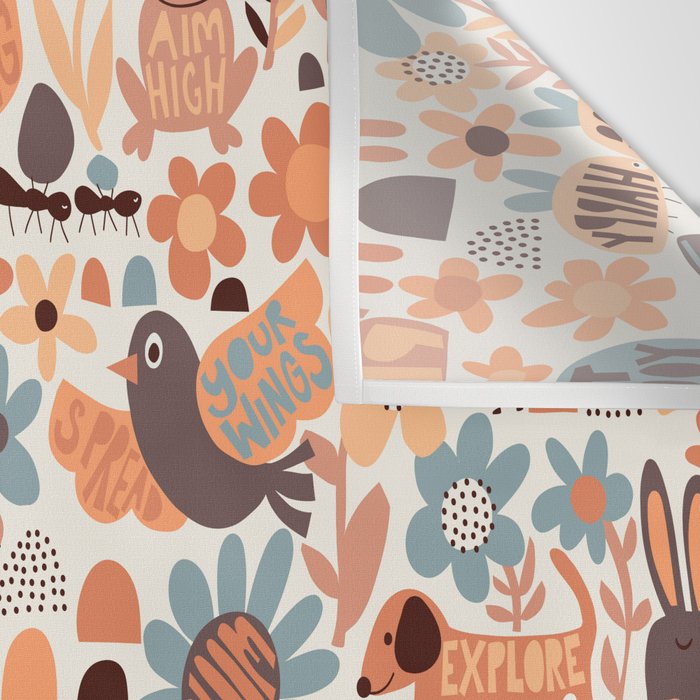 Playful Meadow Cute Animals with Motivational Affirmations - Groovy Flower Child Wall Tapestry Gallery Image 3