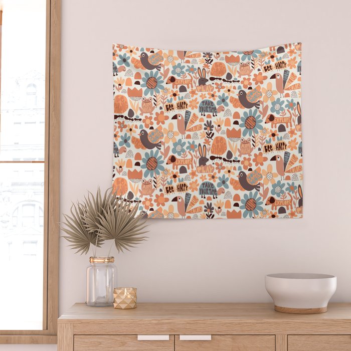 Playful Meadow Cute Animals with Motivational Affirmations - Groovy Flower Child Wall Tapestry Gallery Image 2