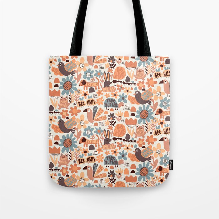 Playful Meadow Cute Animals with Motivational Affirmations - Groovy Flower Child Tote Bag Gallery Image 1