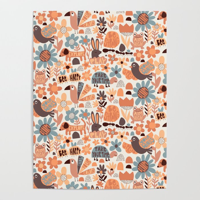 Playful Meadow Cute Animals with Motivational Affirmations - Groovy Flower Child Poster Gallery Image 1