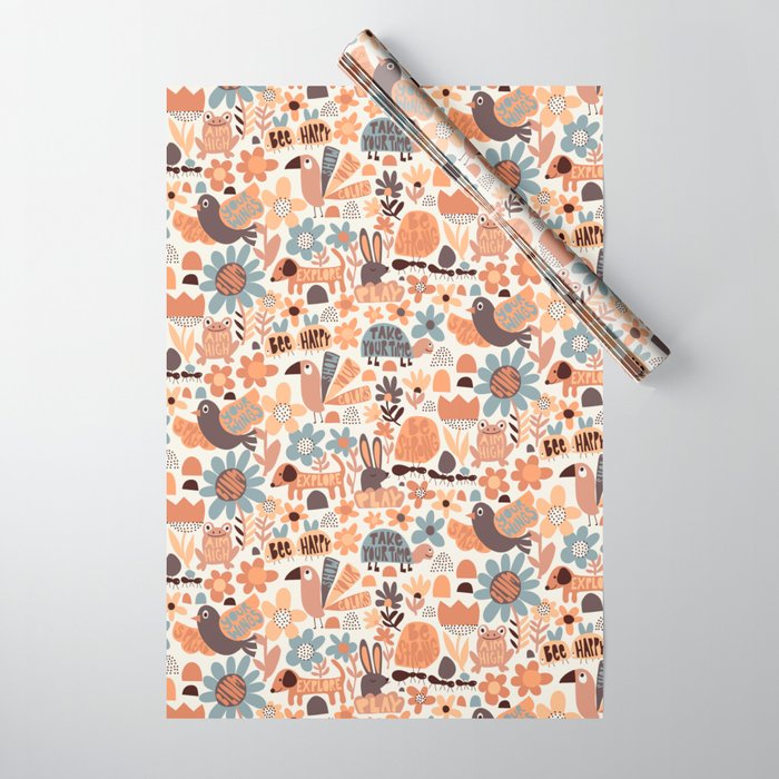 Playful Meadow Cute Animals with Motivational Affirmations - Groovy Flower Child Wrapping Paper Gallery Image 1