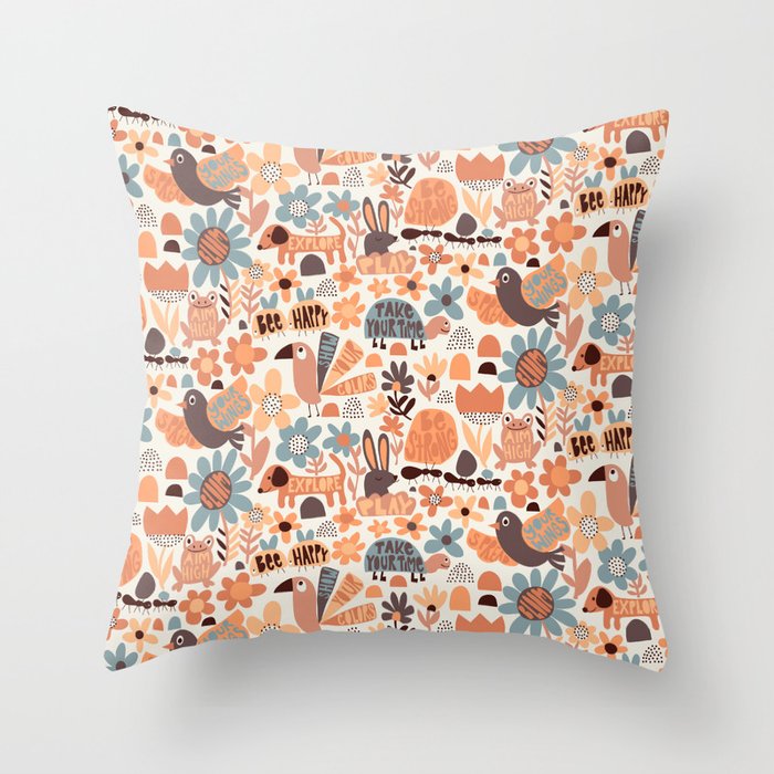 Playful Meadow Cute Animals with Motivational Affirmations - Groovy Flower Child Throw Pillow Gallery Image 6