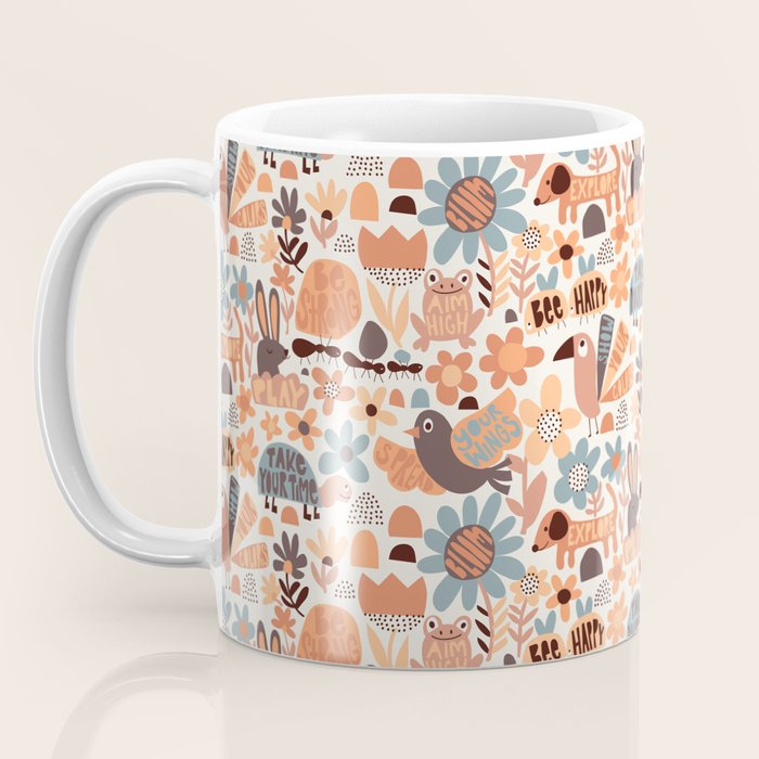 Playful Meadow Cute Animals with Motivational Affirmations - Groovy Flower Child Coffee Mug Gallery Image 3