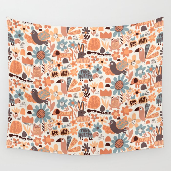 Playful Meadow Cute Animals with Motivational Affirmations - Groovy Flower Child Wall Tapestry Gallery Image 4