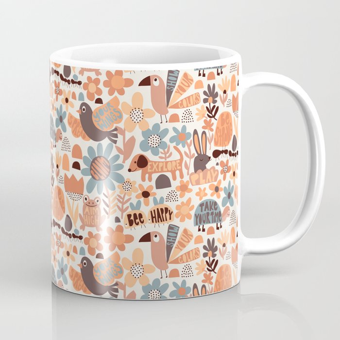 Playful Meadow Cute Animals with Motivational Affirmations - Groovy Flower Child Coffee Mug Gallery Image 1