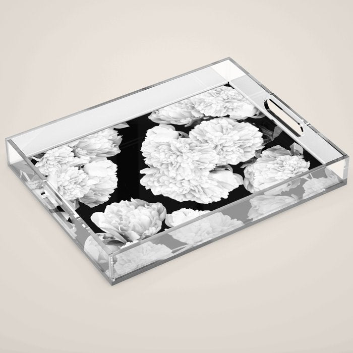 White Peony Flowers Black Background #decor #society6 #buyart Acrylic Tray Gallery Image 1